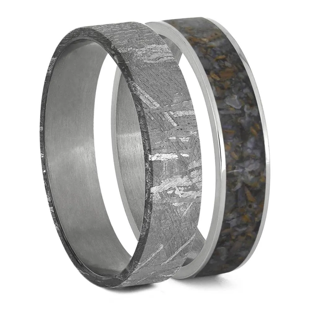 Modular Titanium Ring Set With Dinosaur Bone & Meteorite Inlays