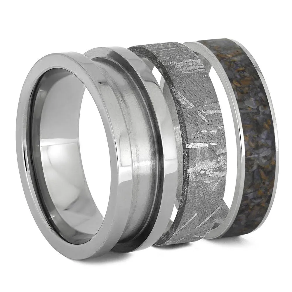Modular Titanium Ring Set With Dinosaur Bone & Meteorite Inlays