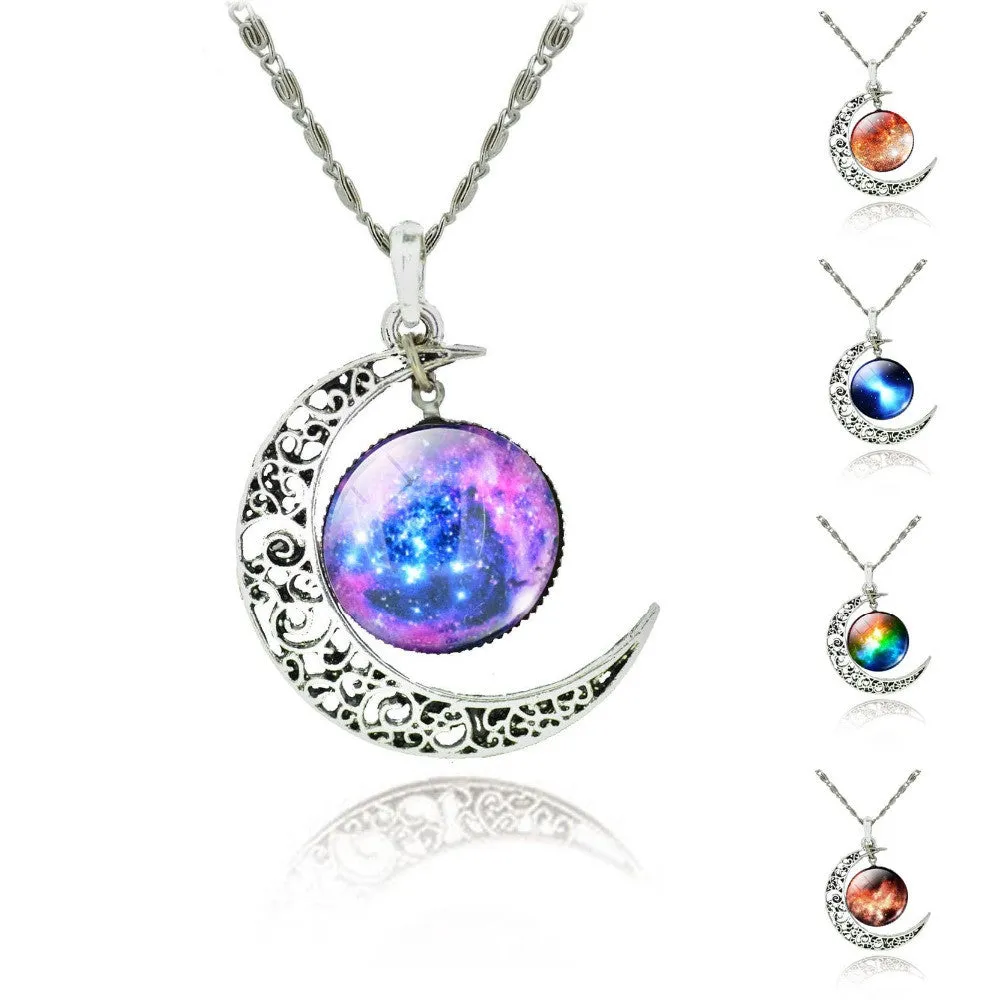 Moon Statement Necklace Glass Galaxy Collares Necklace&Pendants Maxi Necklace for Women Silver Plated Chain Colar Collier Femme