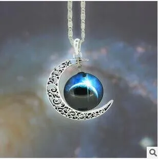 Moon Statement Necklace Glass Galaxy Collares Necklace&Pendants Maxi Necklace for Women Silver Plated Chain Colar Collier Femme