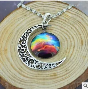 Moon Statement Necklace Glass Galaxy Collares Necklace&Pendants Maxi Necklace for Women Silver Plated Chain Colar Collier Femme