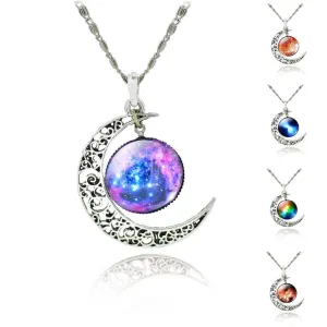 Moon Statement Necklace Glass Galaxy Collares Necklace&Pendants Maxi Necklace for Women Silver Plated Chain Colar Collier Femme