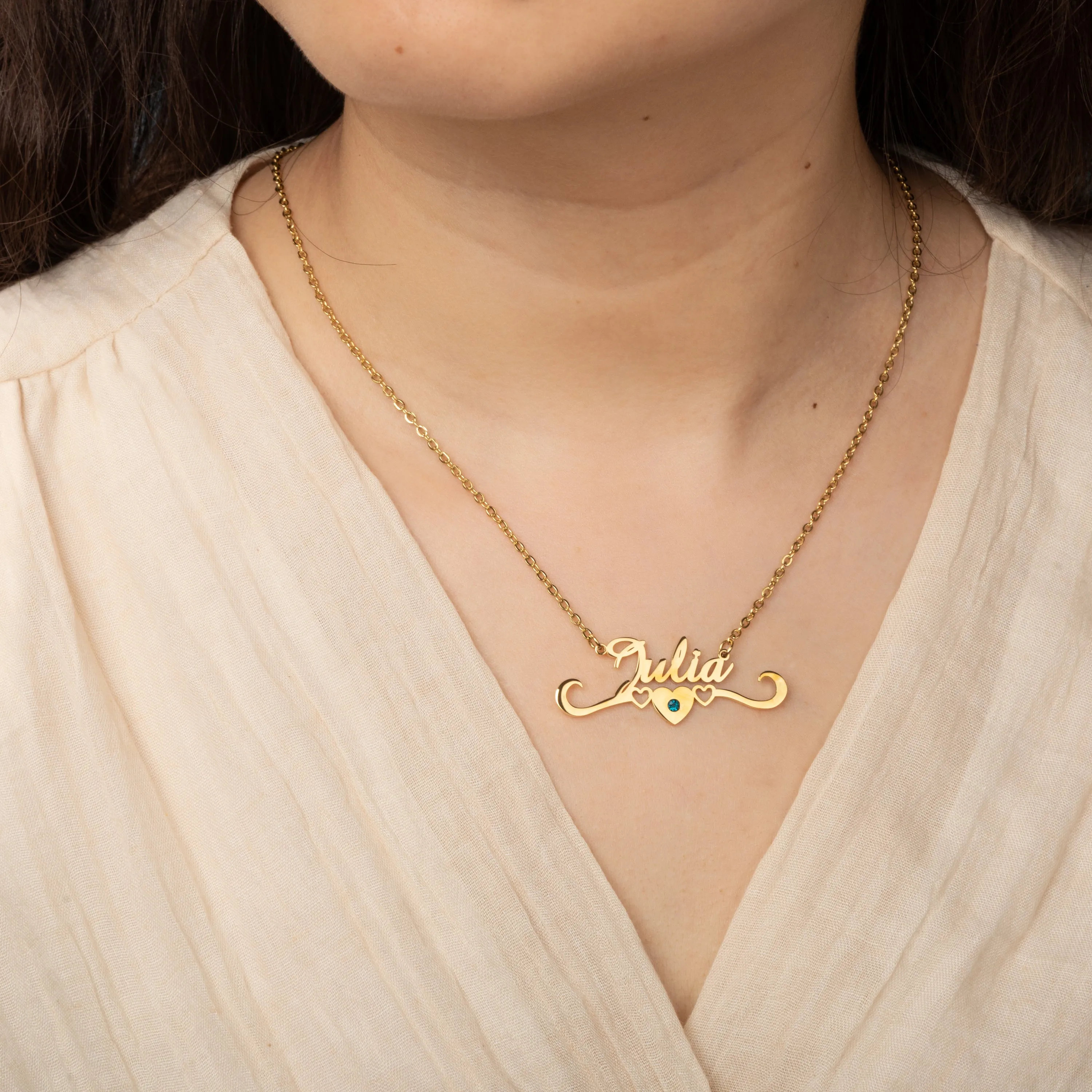 Name and Heart Crown Necklace with Birthstone