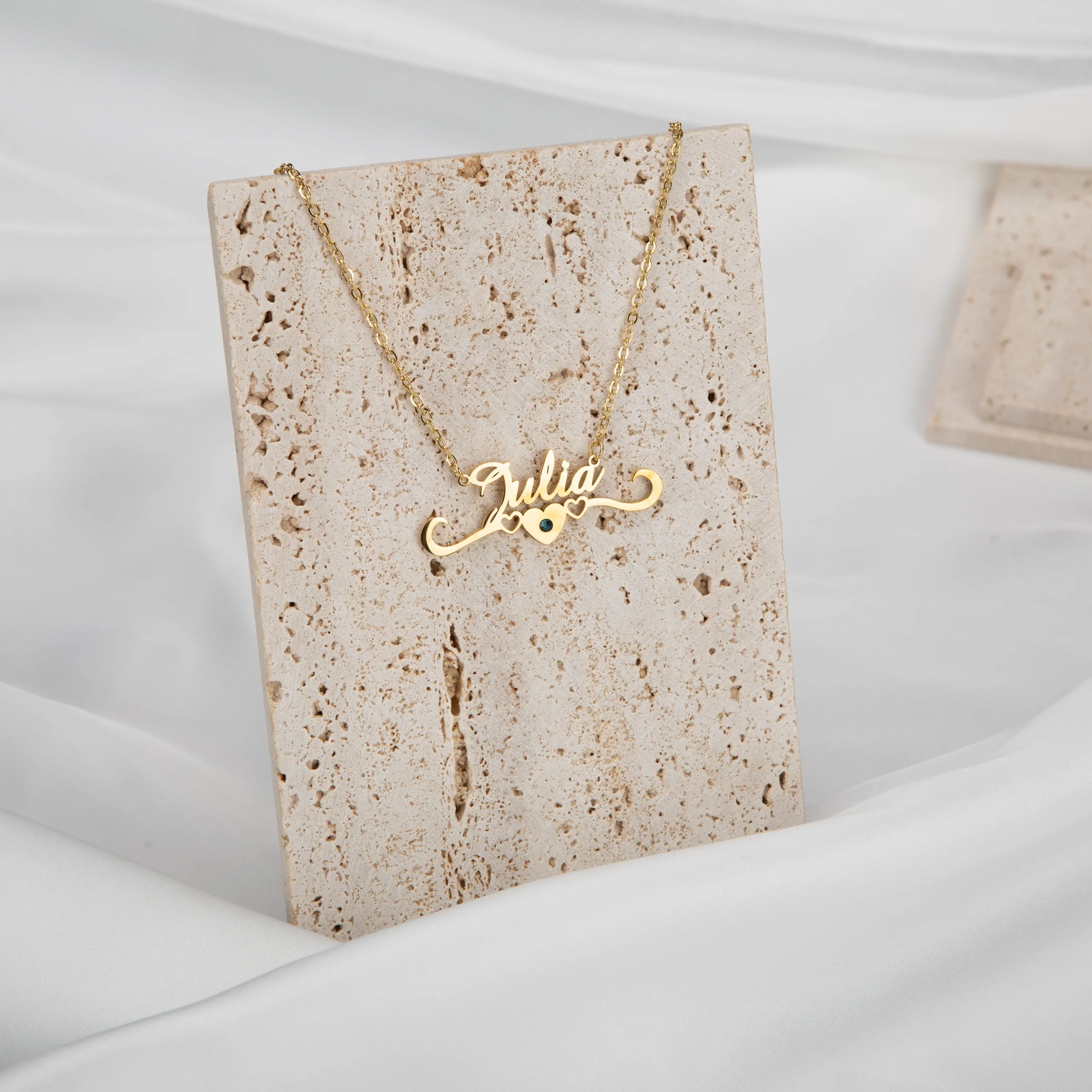 Name and Heart Crown Necklace with Birthstone
