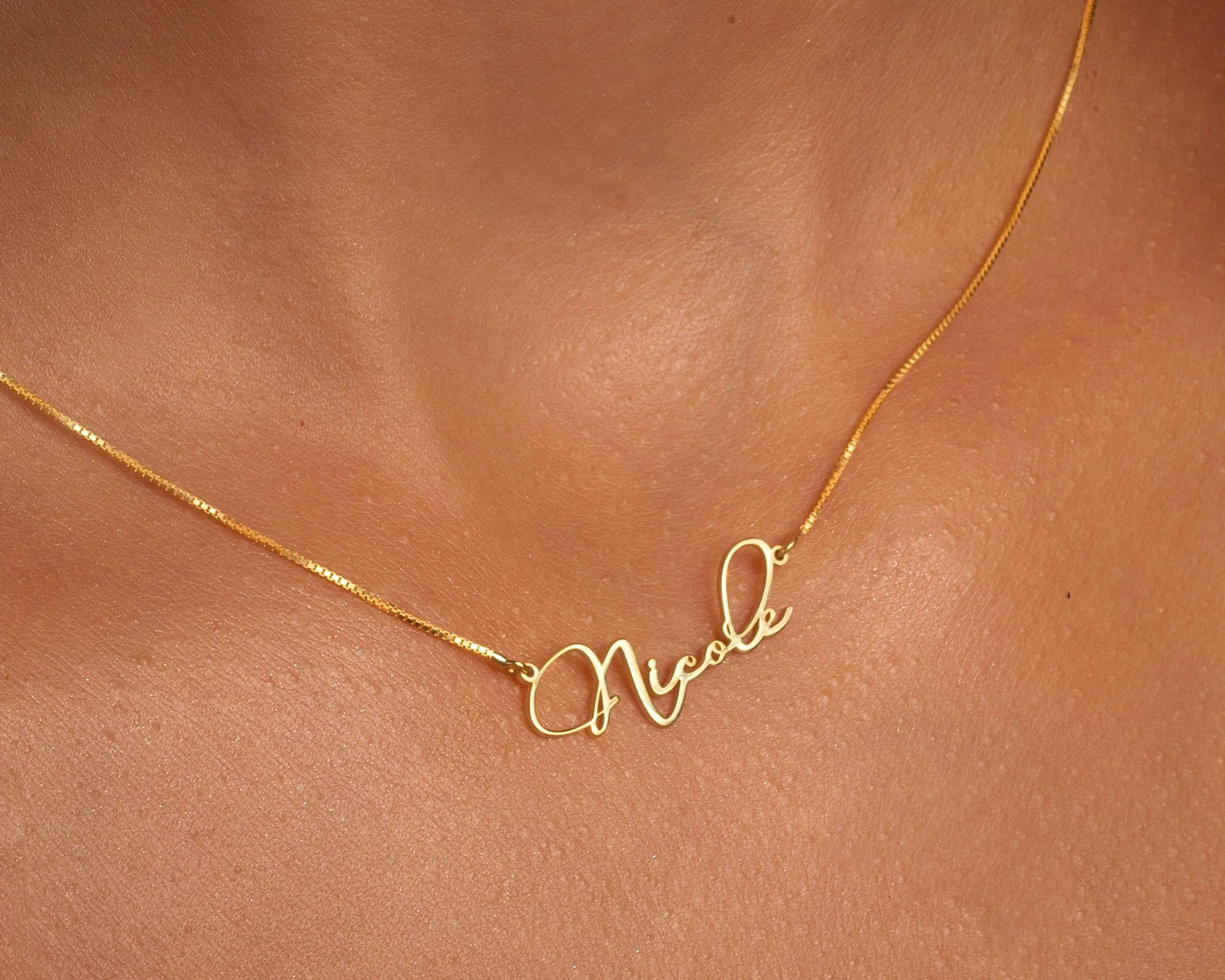 Name Necklace with Dainty Box Chain - 18K Gold Vermeil