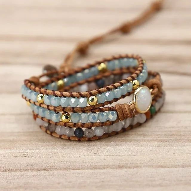 Natural Opal Stone Rhinestone Leather Wrap Bracelet