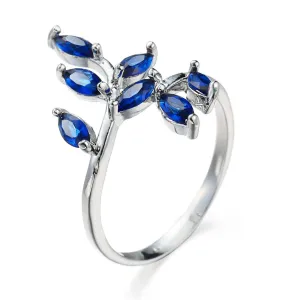 Navy Crystal & Silver-Plated Leaves Promise Ring