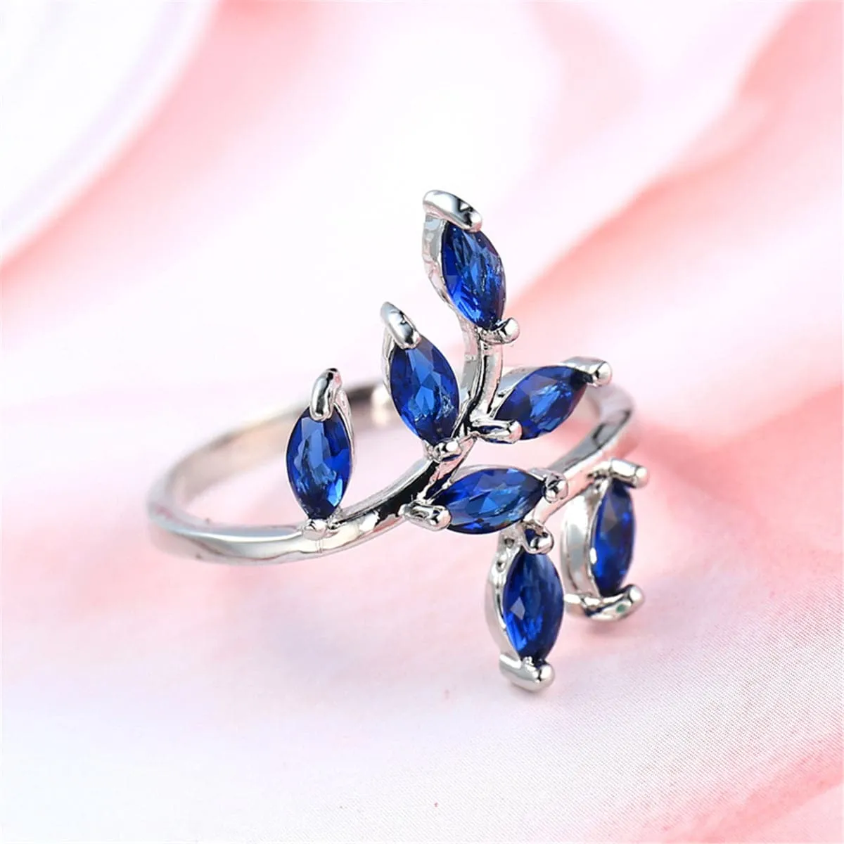 Navy Crystal & Silver-Plated Leaves Promise Ring