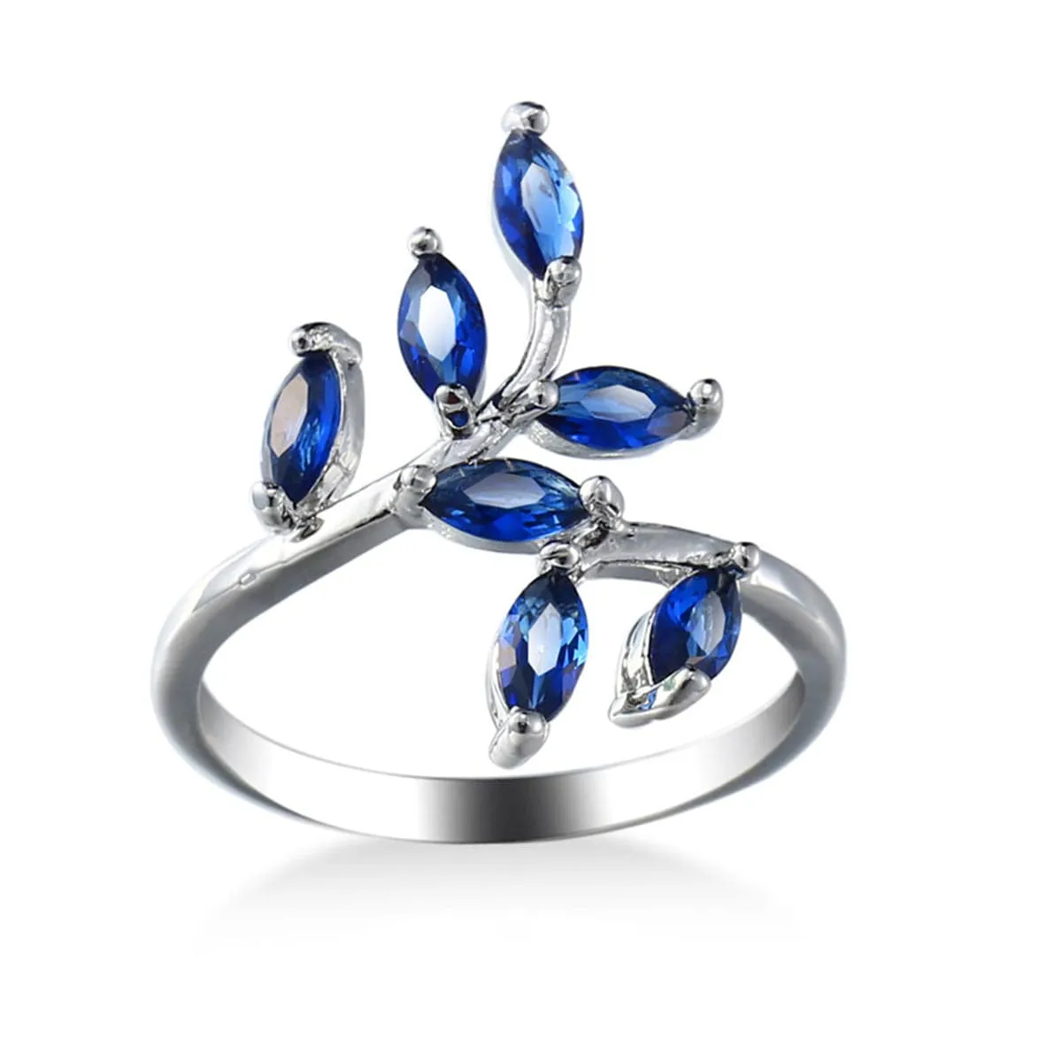 Navy Crystal & Silver-Plated Leaves Promise Ring