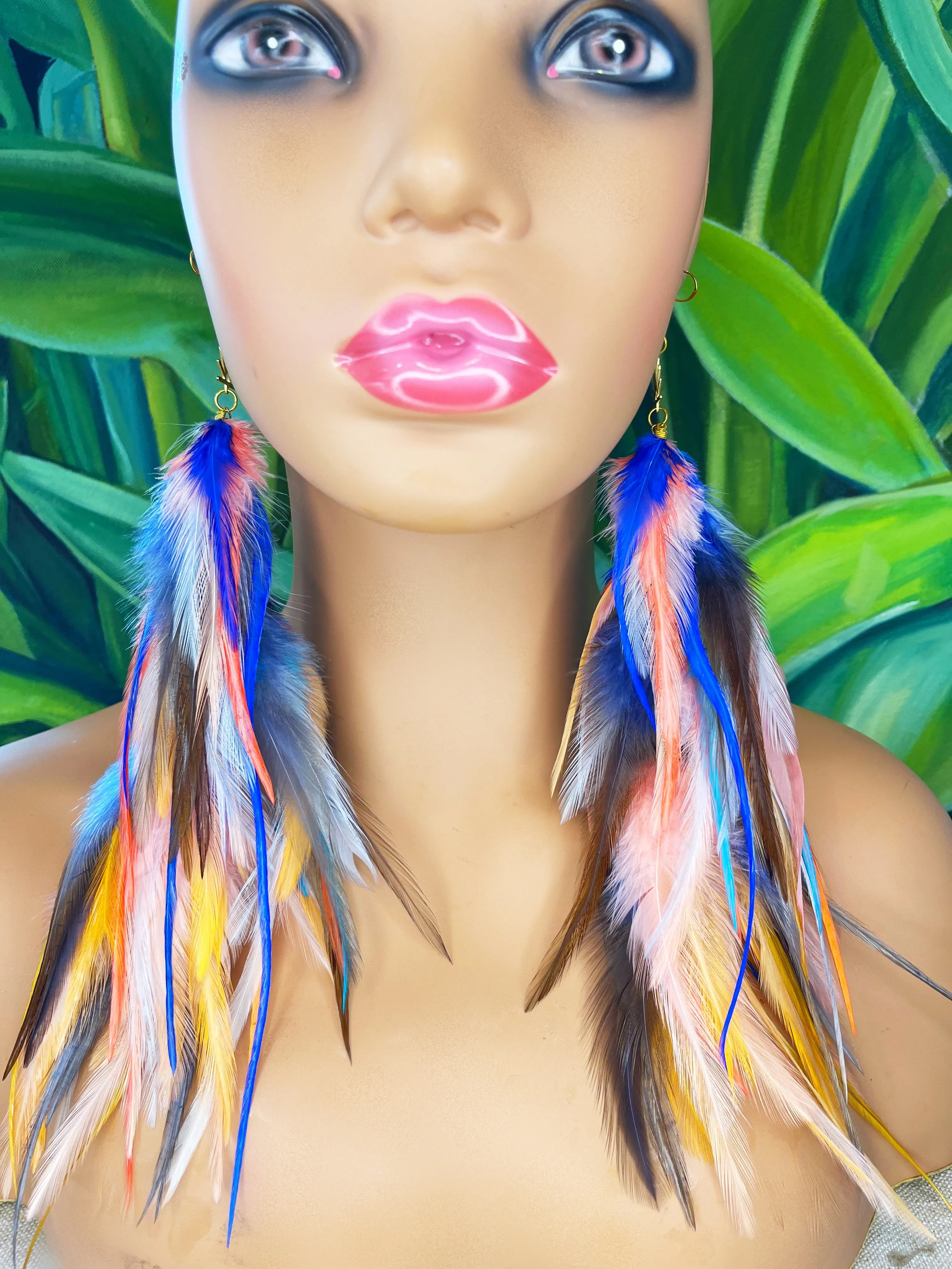 One of a Kind Long Bohemian Feather Earrings - Brooklyn Sunrise
