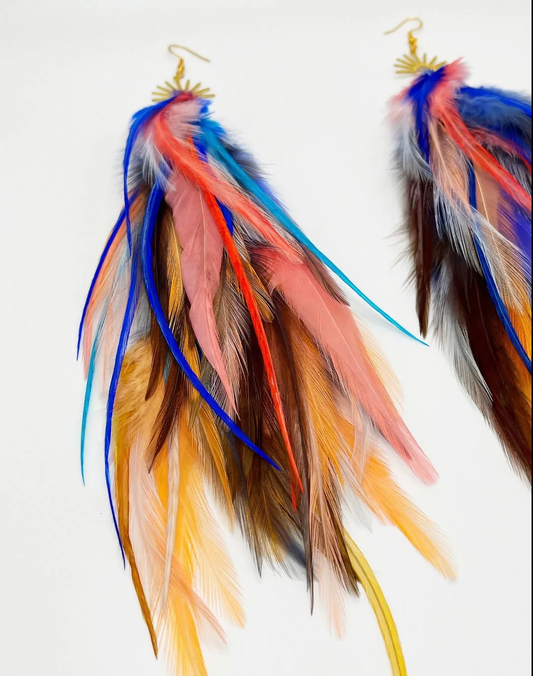 One of a Kind Long Bohemian Feather Earrings - Brooklyn Sunrise