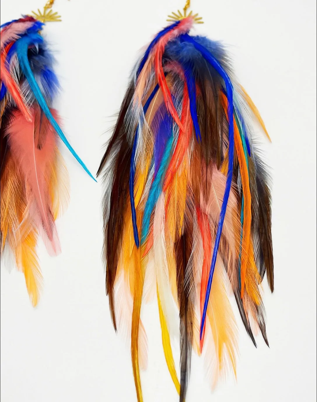One of a Kind Long Bohemian Feather Earrings - Brooklyn Sunrise