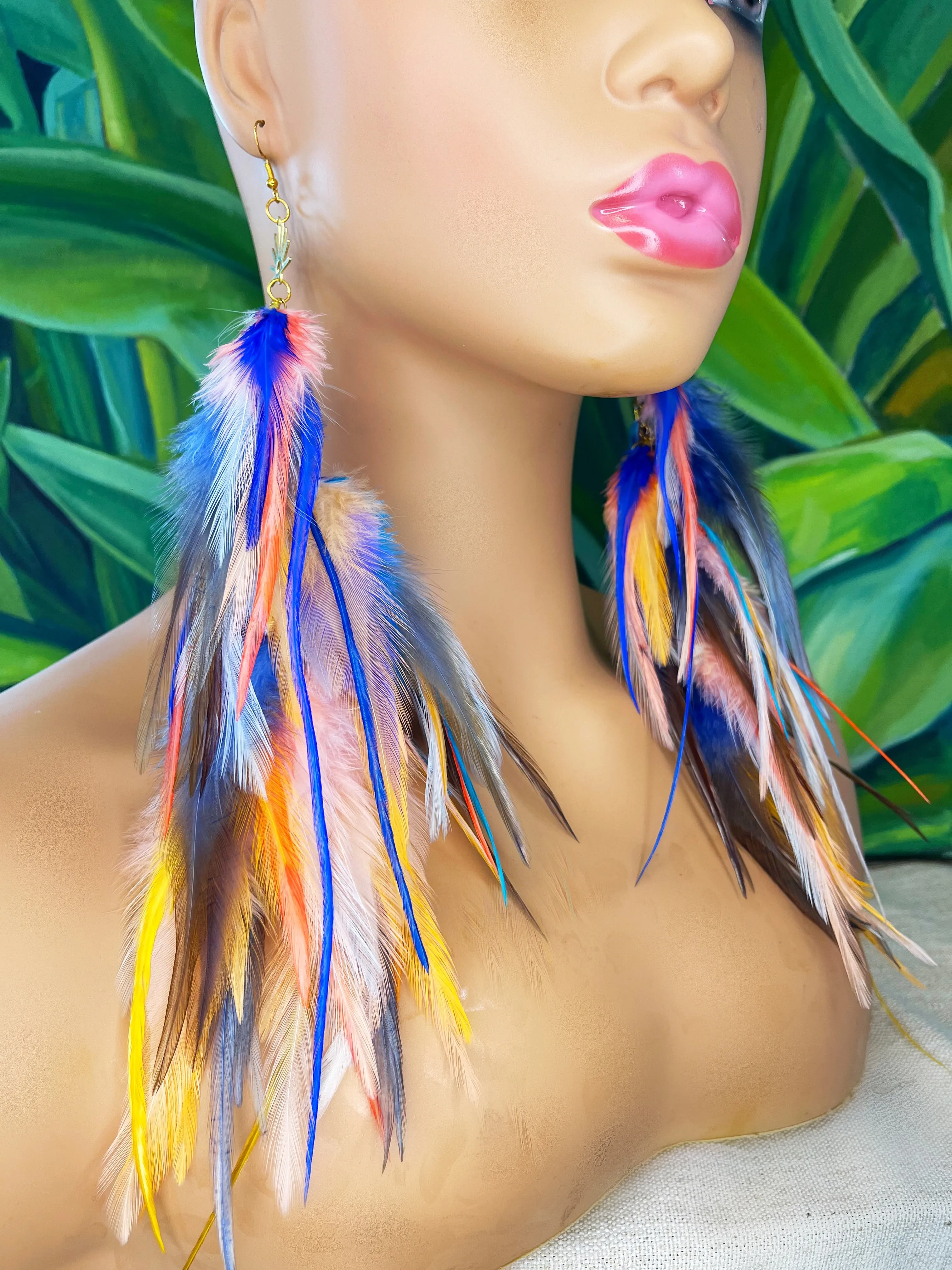 One of a Kind Long Bohemian Feather Earrings - Brooklyn Sunrise