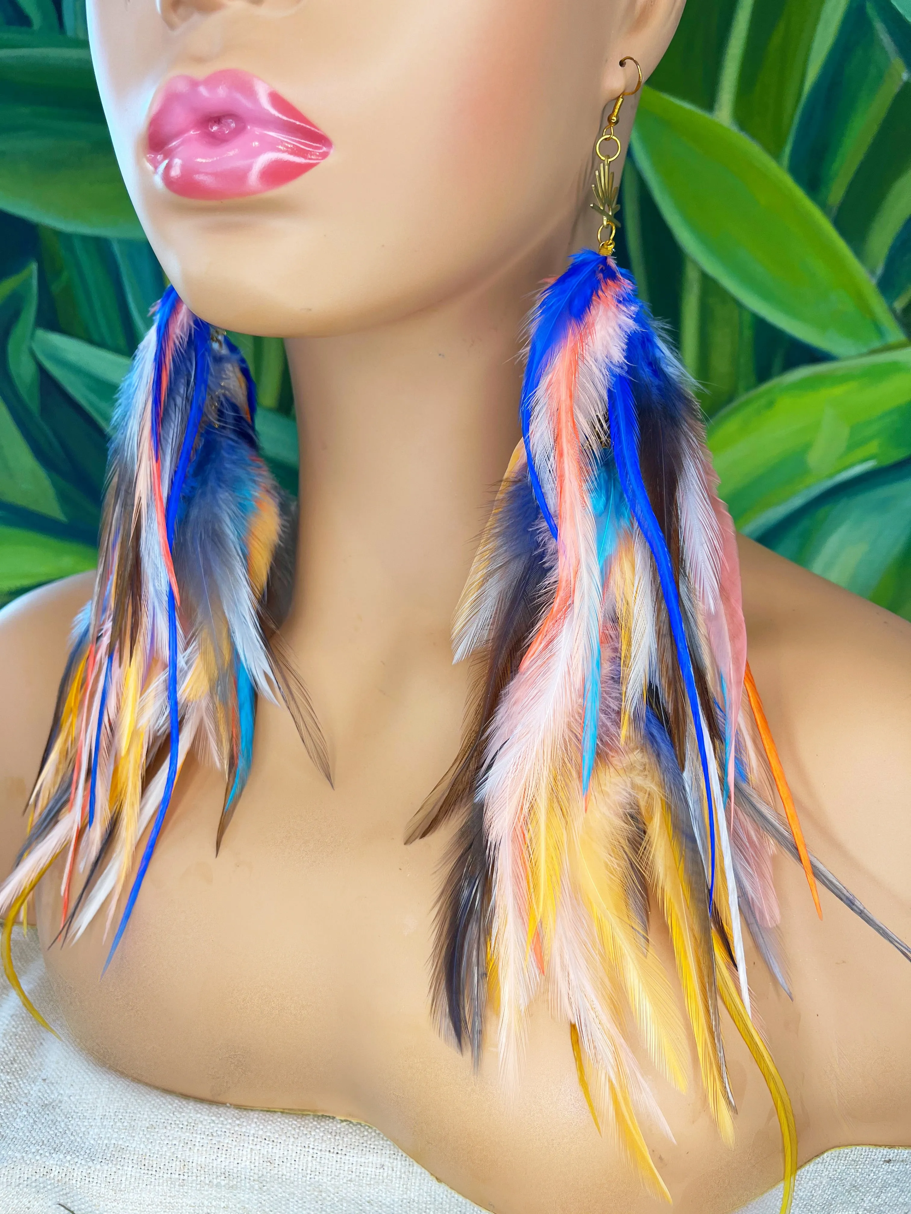 One of a Kind Long Bohemian Feather Earrings - Brooklyn Sunrise