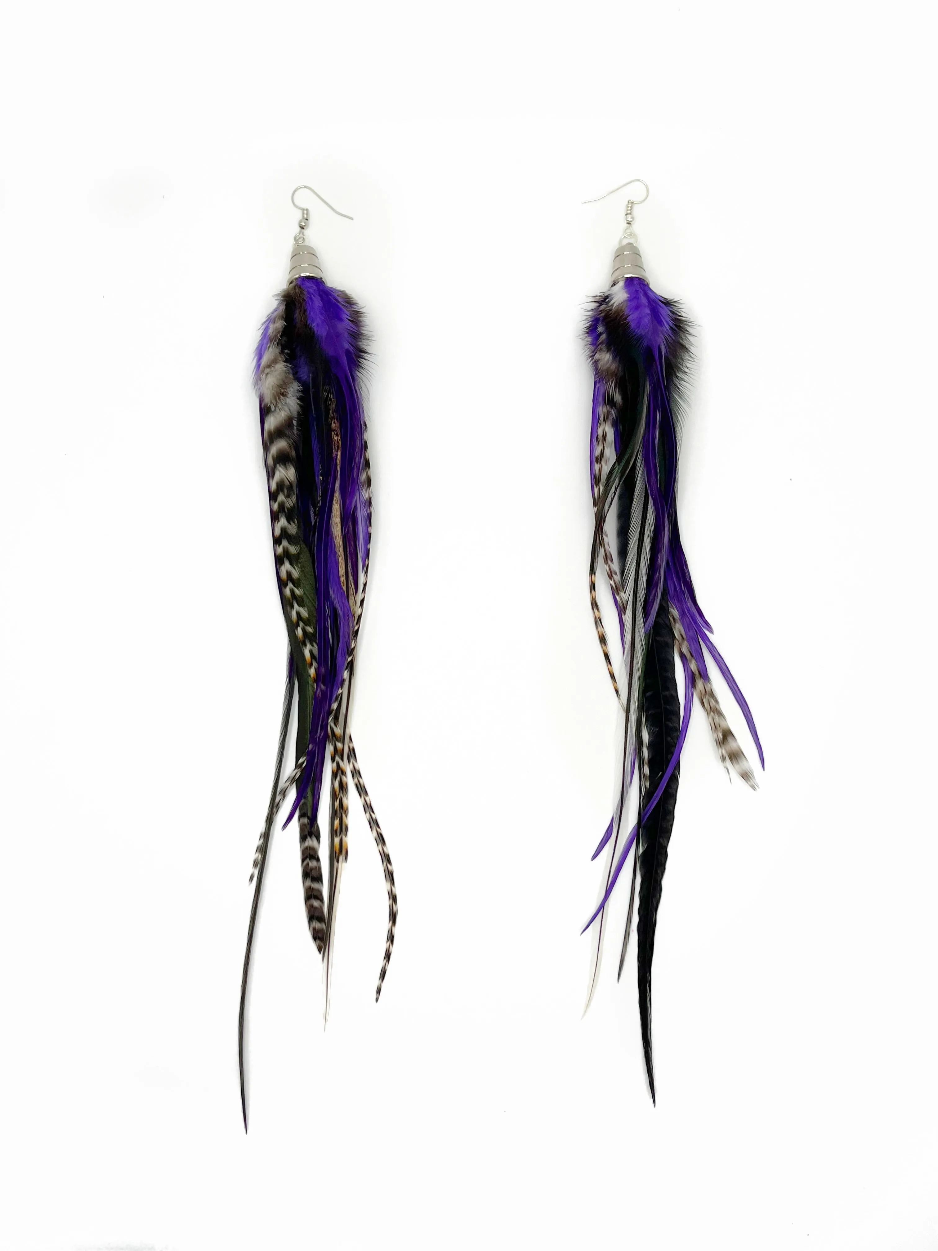 One of a Kind Long Bohemian Feather Earrings - Night Owl