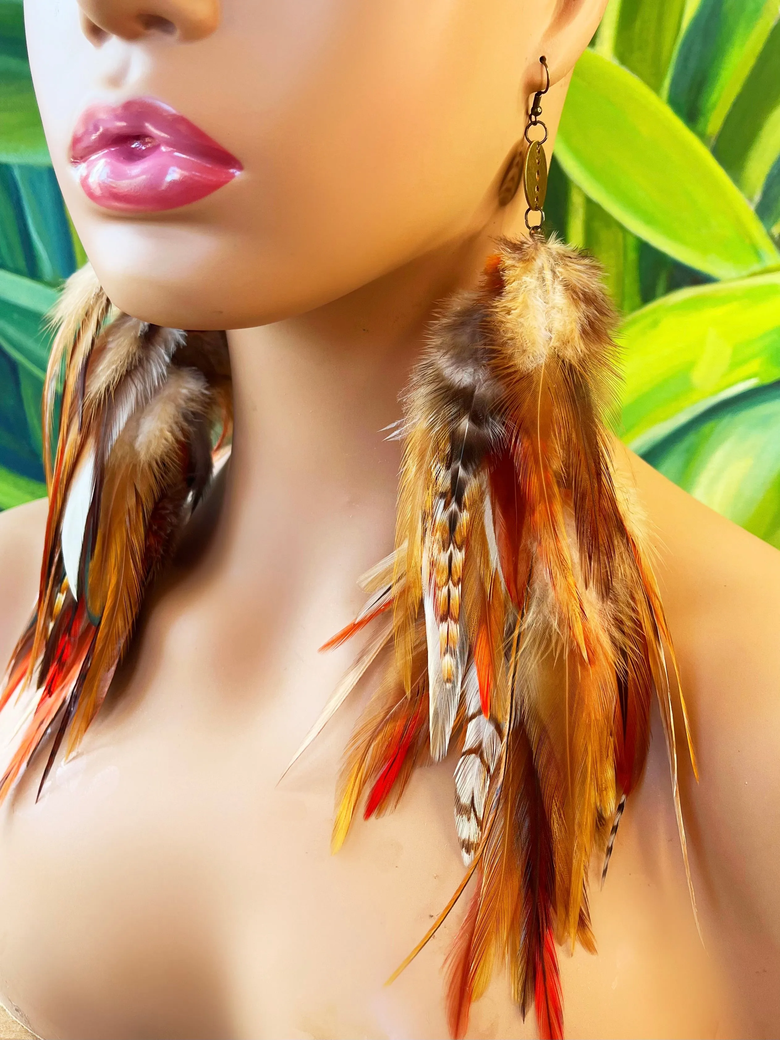 One of a Kind Long Bohemian Feather Earrings - Nude Nights