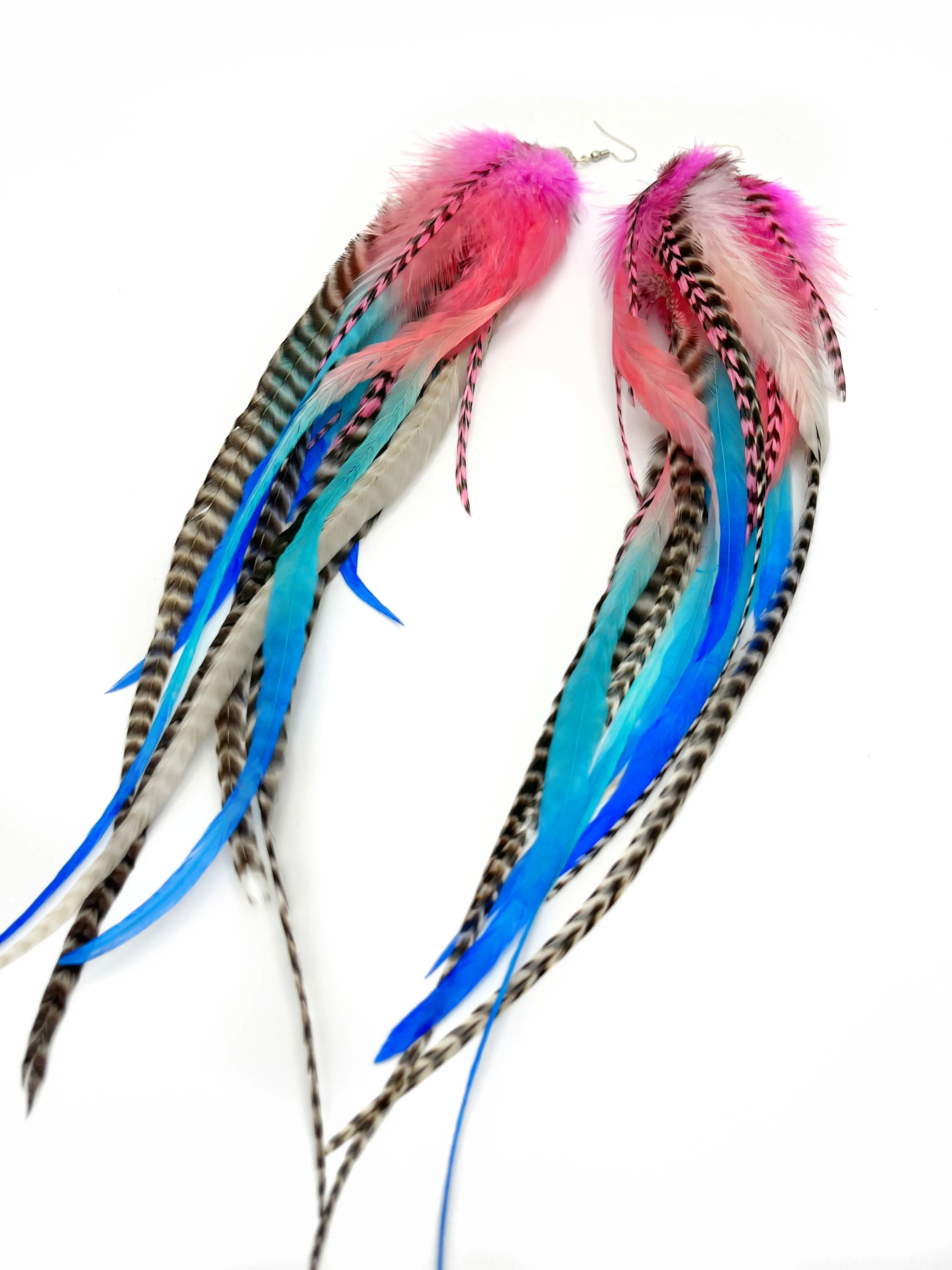 One of a Kind Long Bohemian Feather Earrings - Pastel Starburst
