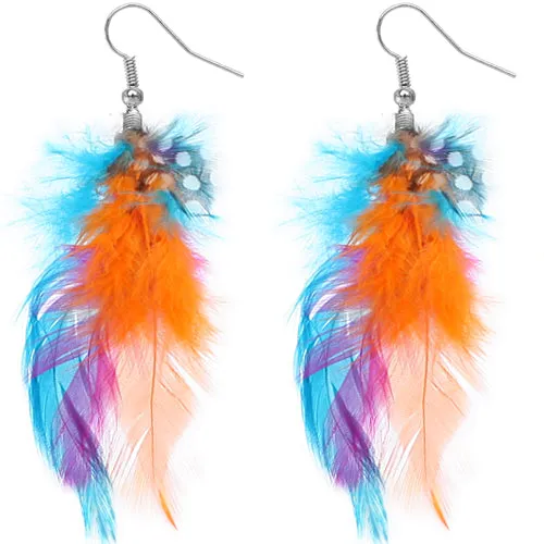 Orange Blue Polka Dot Feather Earrings