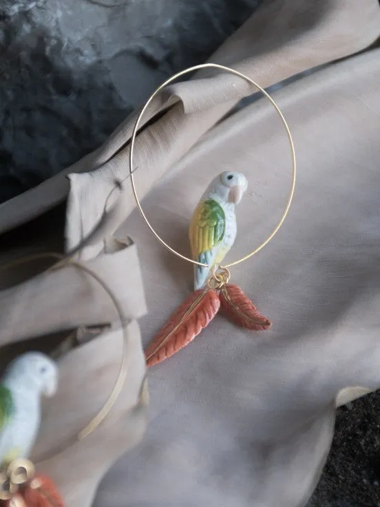 PARROT AND FEATHER HOOP EARRINGS