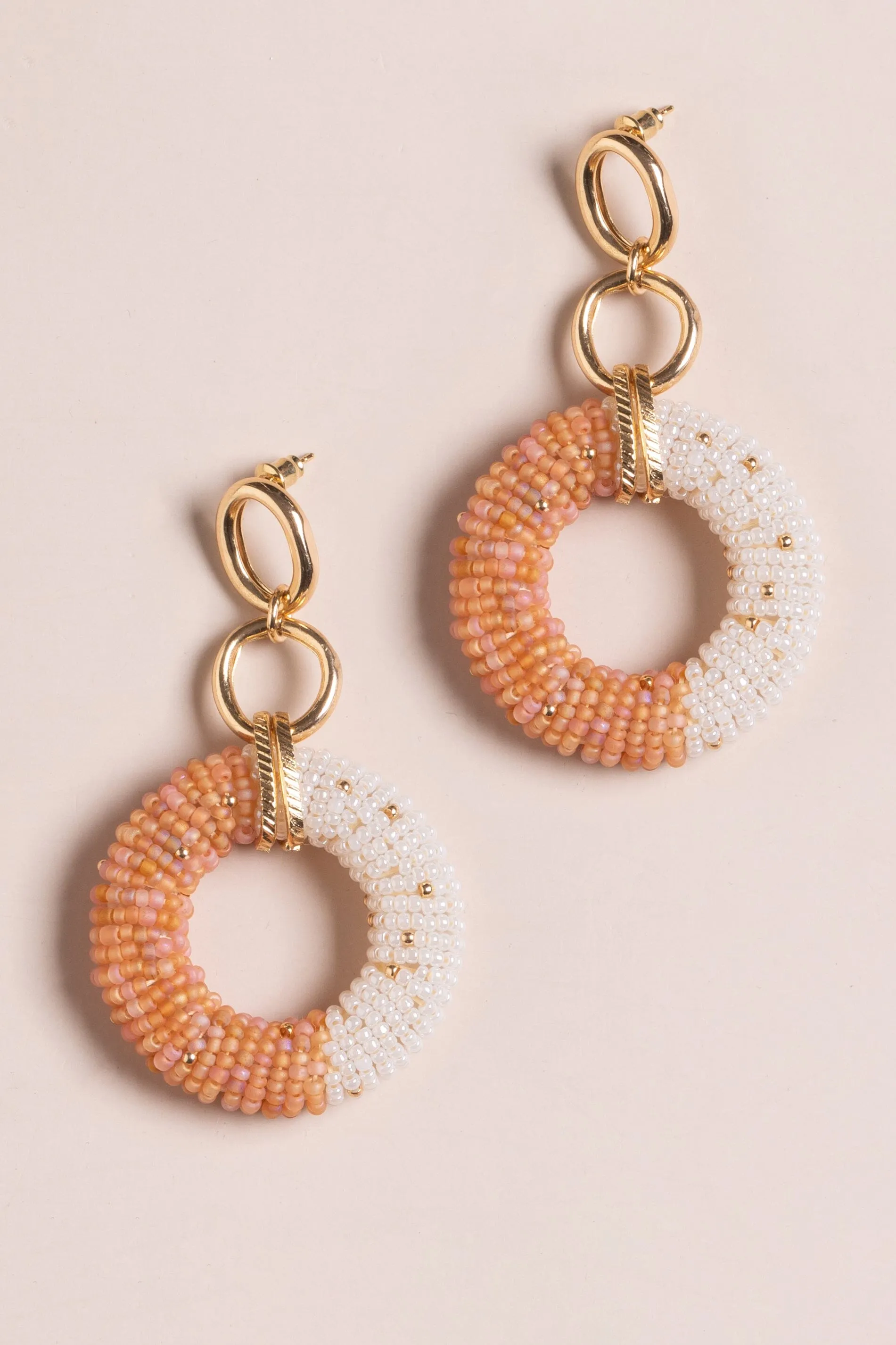 Peaches n'Cream Beaded Hoop Drop Earrings