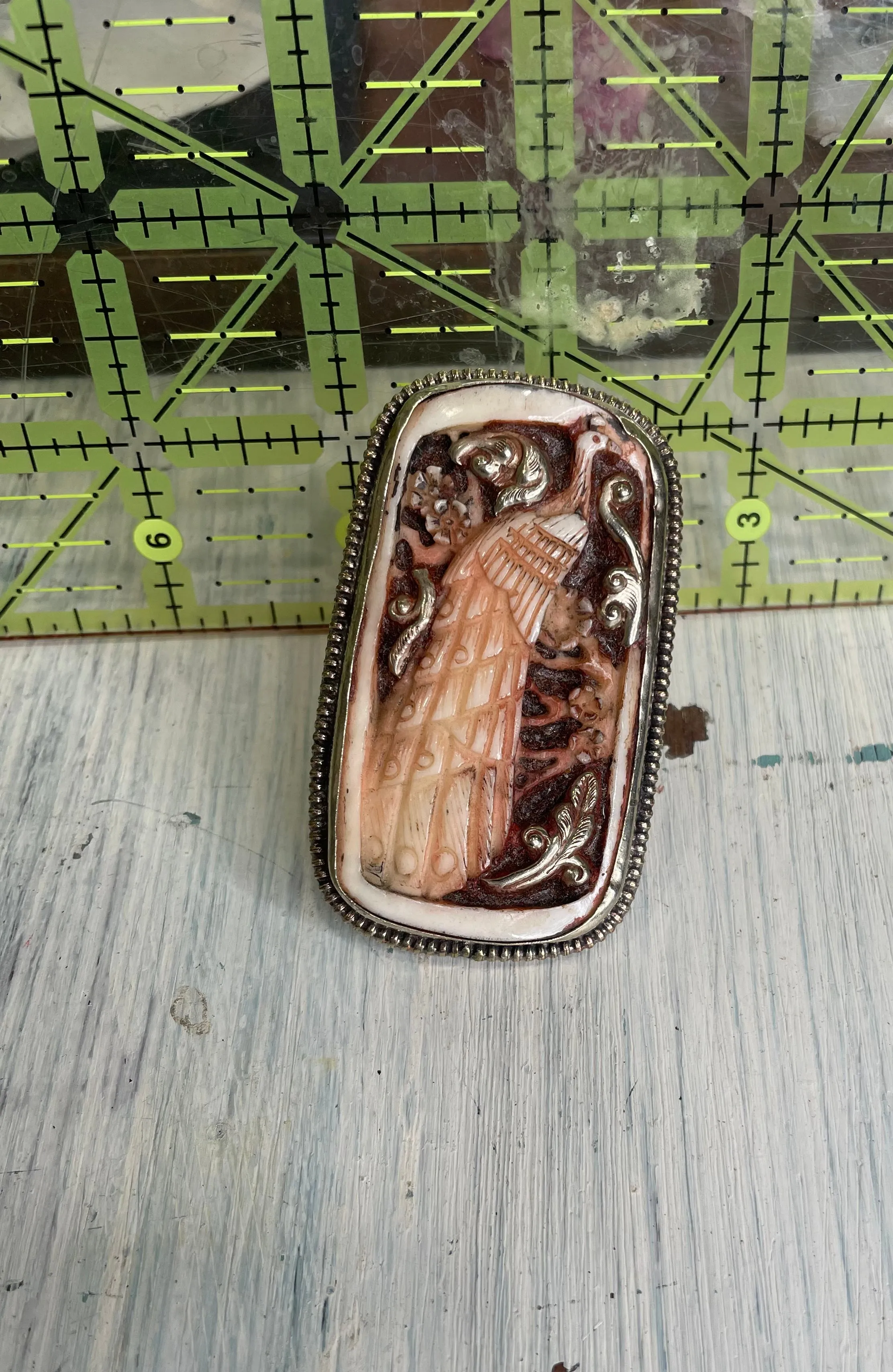 Peacock Carved in Bone Adjustable Ornate Ring