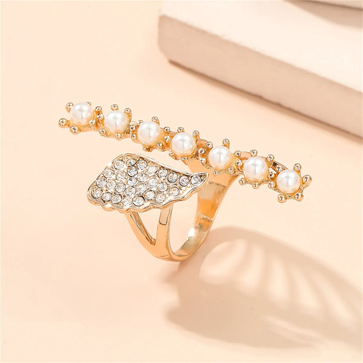 Pearl & Cubic Zirconia 18K Gold-Plated Wing Open Statement Ring