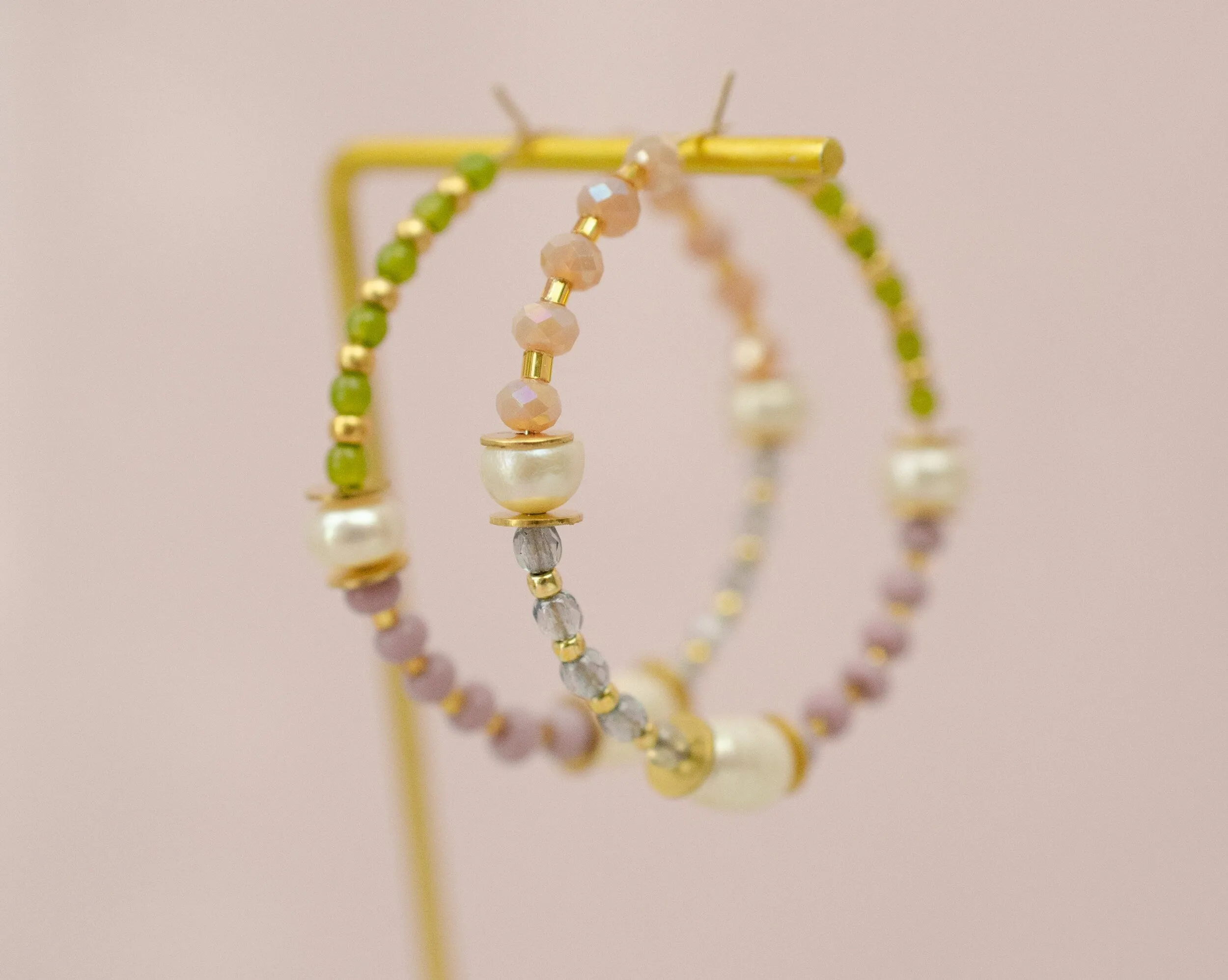 Pearl hoop earrings, Gold filled pearl earrings, Seed Beaded Earrings, Large hoop earrings, Spring hoop earrings, Pastel hoops, gold filled