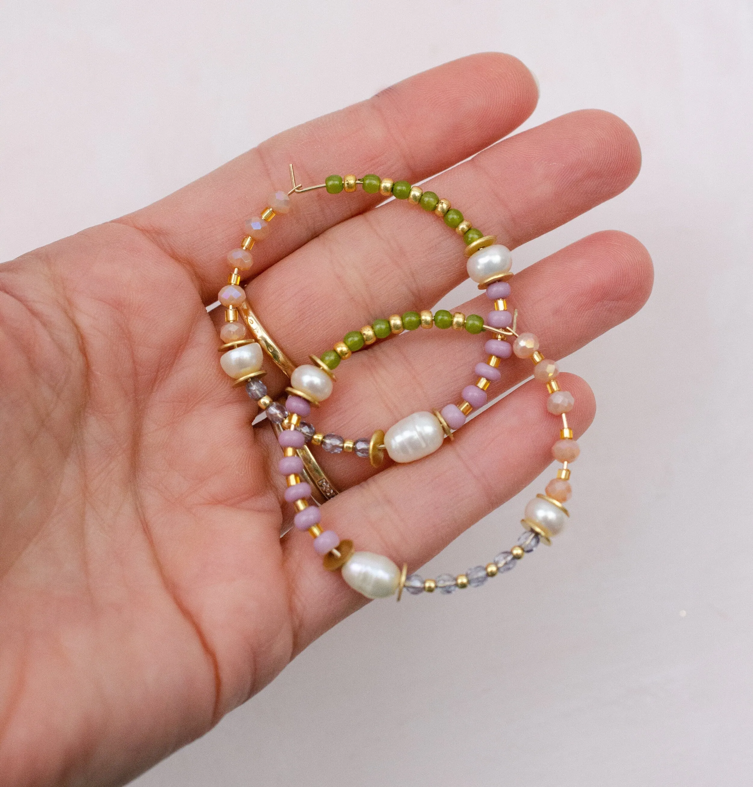 Pearl hoop earrings, Gold filled pearl earrings, Seed Beaded Earrings, Large hoop earrings, Spring hoop earrings, Pastel hoops, gold filled