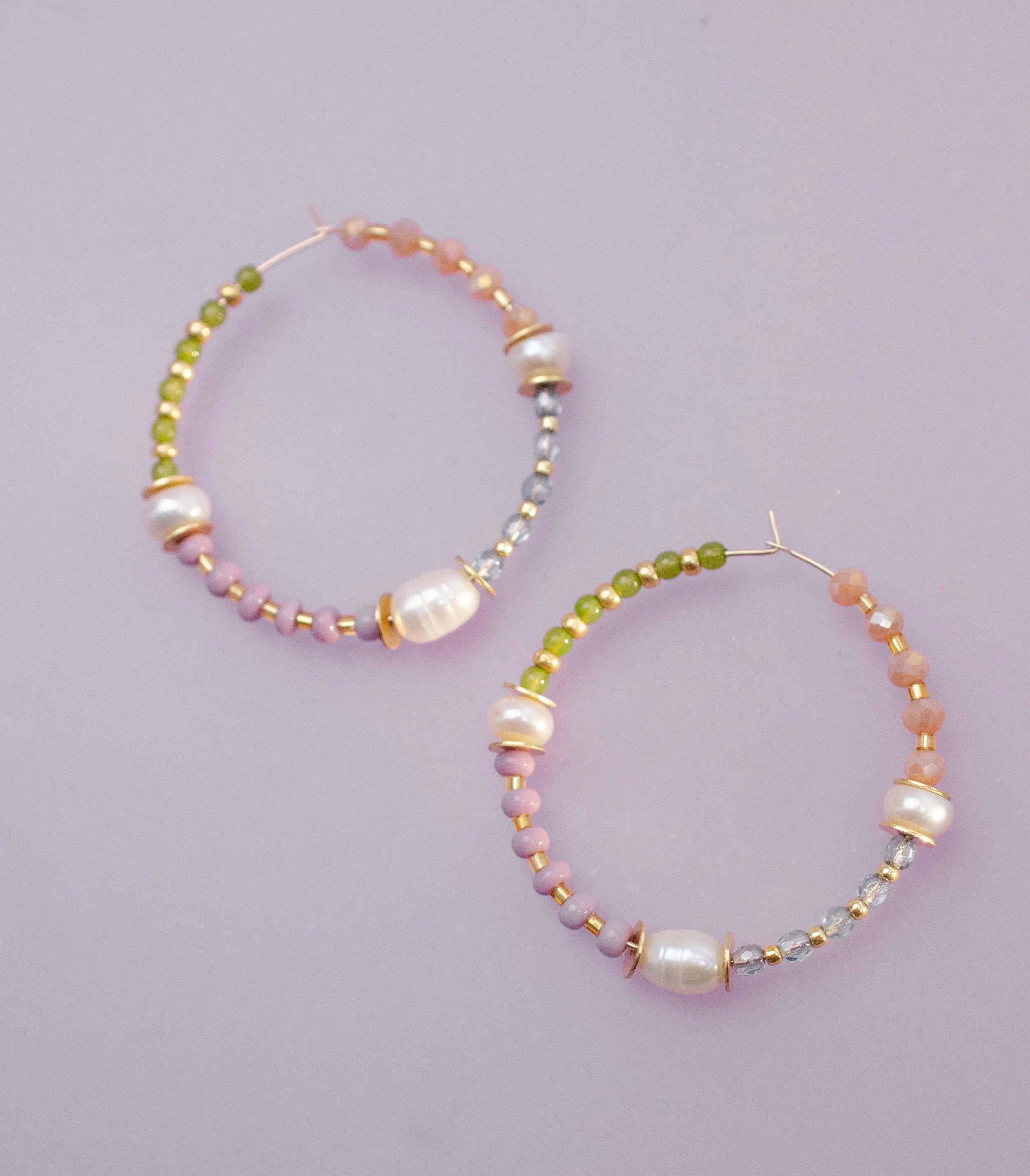 Pearl hoop earrings, Gold filled pearl earrings, Seed Beaded Earrings, Large hoop earrings, Spring hoop earrings, Pastel hoops, gold filled