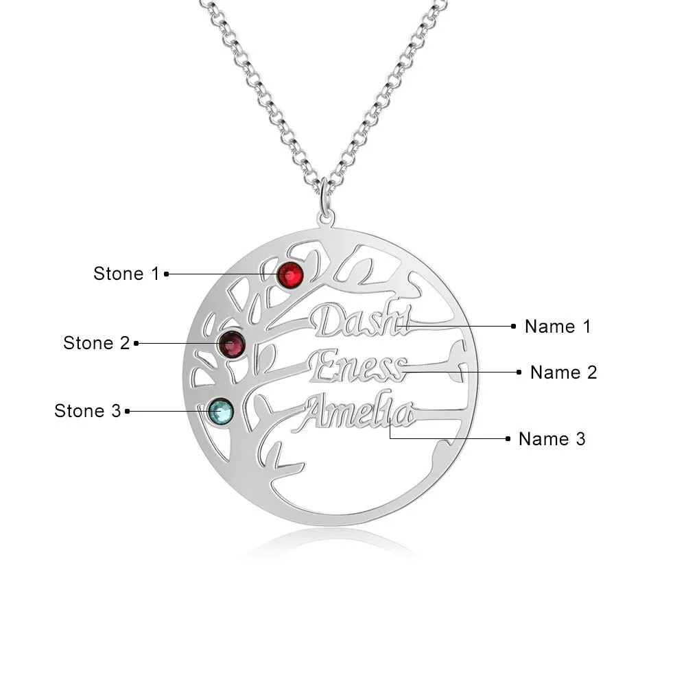 Personalized 3 Names And Stones Family Tree Necklace