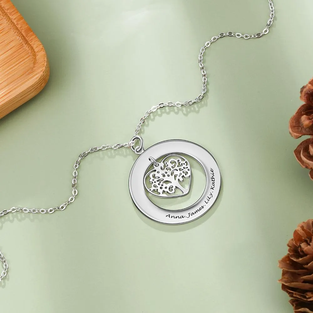 Personalized 925 Silver Sterling Necklace with Tree of Life Name Engrave Pendant, Siblings & Family Gift