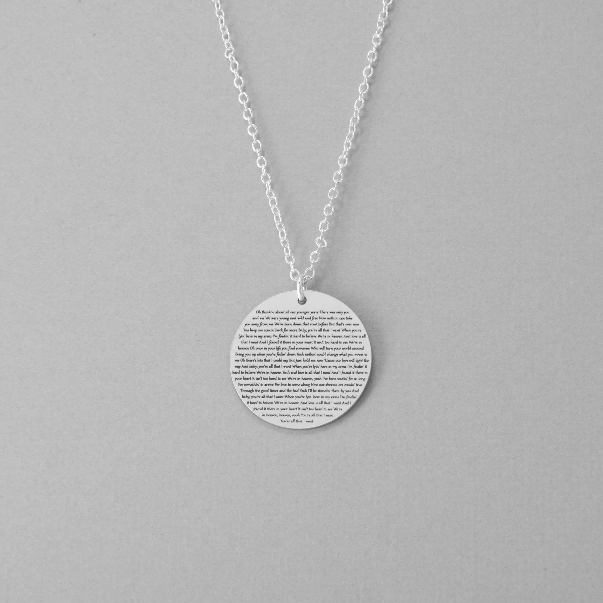 Personalized Circle Disc Necklace with Lyrics or Wedding Vows