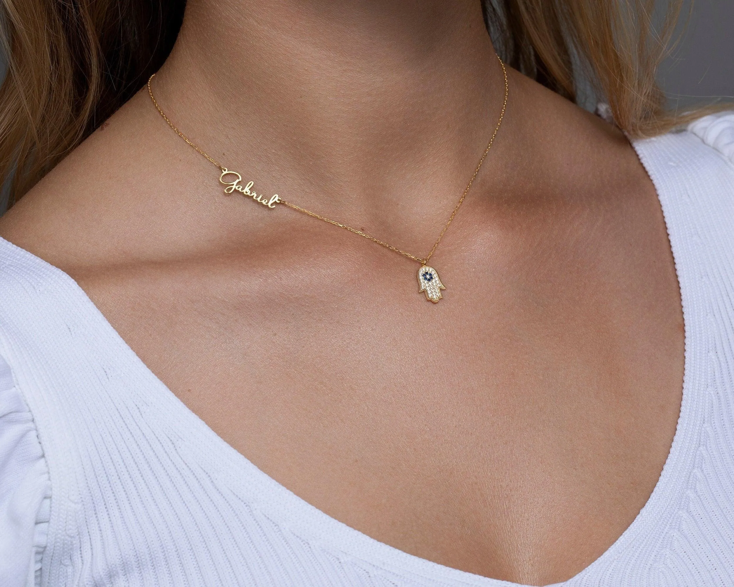 Personalized Hamsa Name Necklace - 18K Gold Vermeil