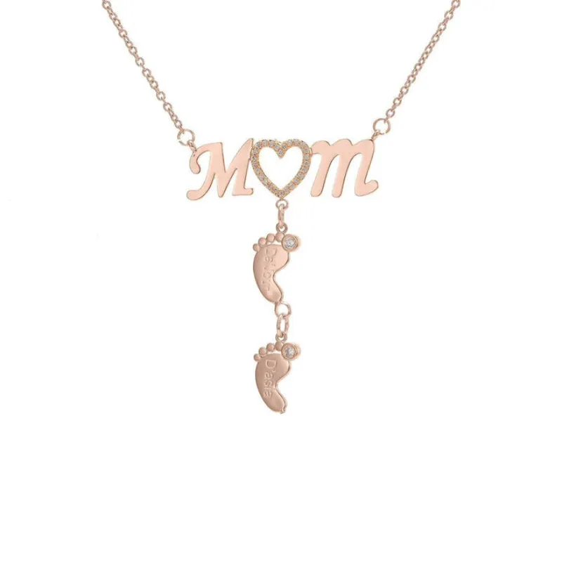 Personalized Inlay CZ Heart Mom Baby Feet Drop Pendant Necklace For Mother's Day Gift