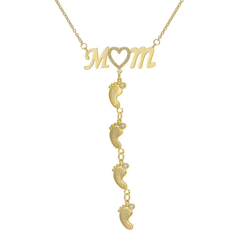 Personalized Inlay CZ Heart Mom Baby Feet Drop Pendant Necklace For Mother's Day Gift