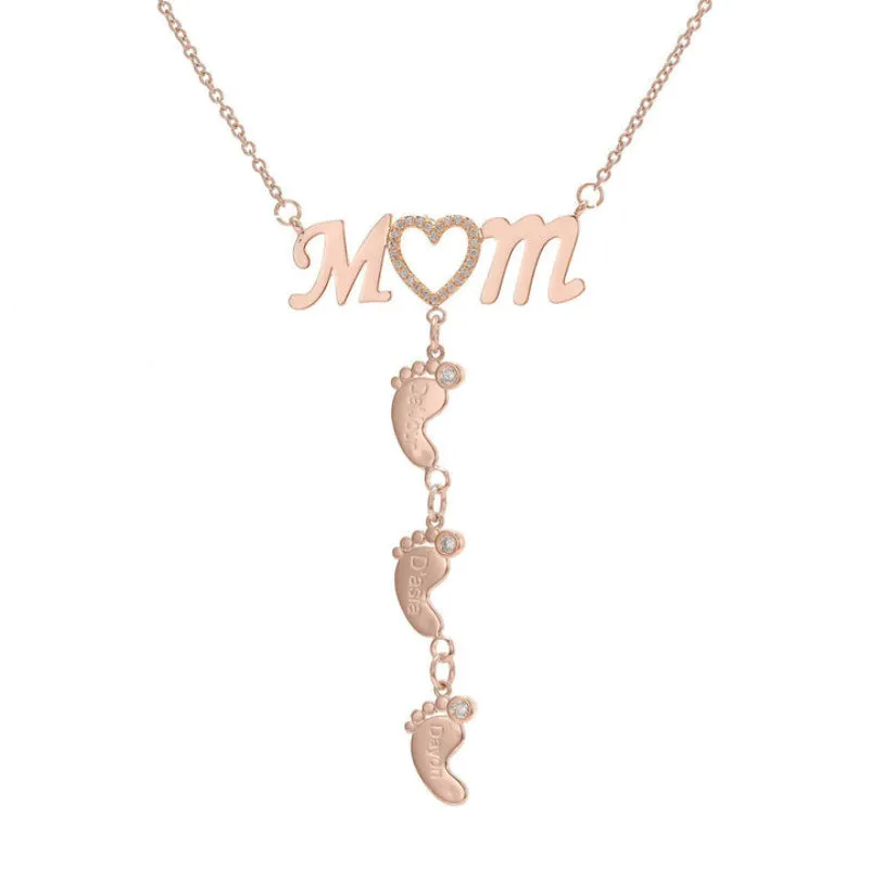 Personalized Inlay CZ Heart Mom Baby Feet Drop Pendant Necklace For Mother's Day Gift