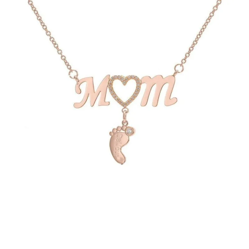 Personalized Inlay CZ Heart Mom Baby Feet Drop Pendant Necklace For Mother's Day Gift