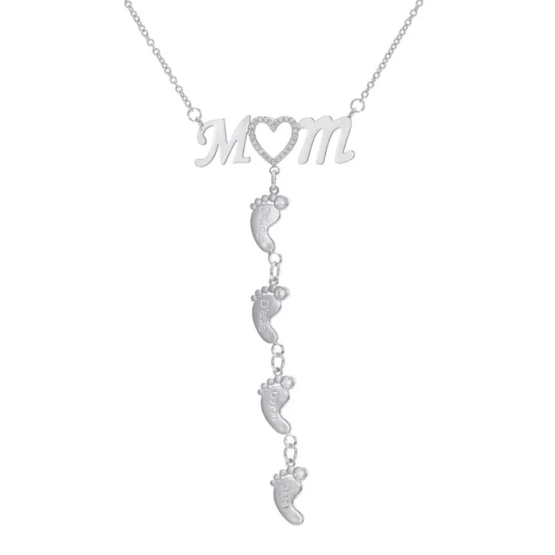 Personalized Inlay CZ Heart Mom Baby Feet Drop Pendant Necklace For Mother's Day Gift