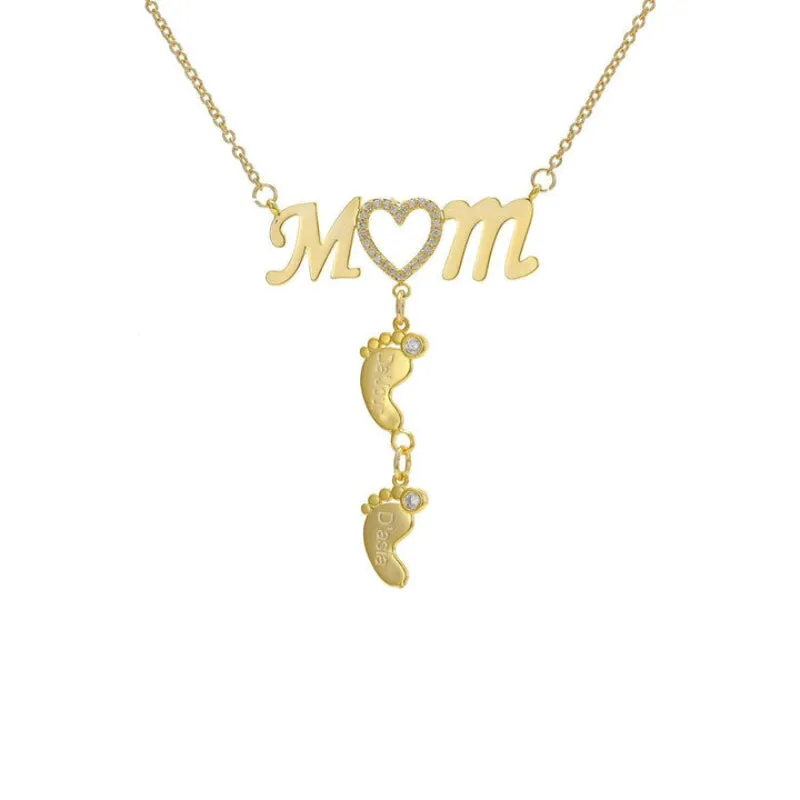 Personalized Inlay CZ Heart Mom Baby Feet Drop Pendant Necklace For Mother's Day Gift