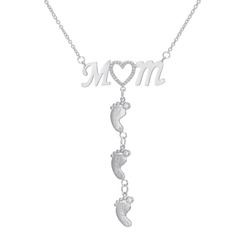 Personalized Inlay CZ Heart Mom Baby Feet Drop Pendant Necklace For Mother's Day Gift