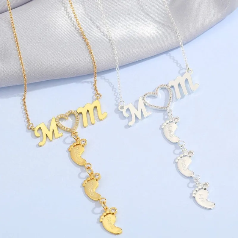 Personalized Inlay CZ Heart Mom Baby Feet Drop Pendant Necklace For Mother's Day Gift