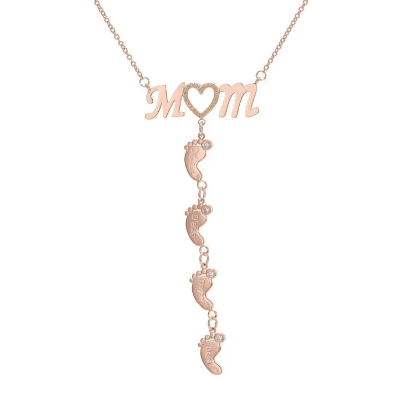 Personalized Inlay CZ Heart Mom Baby Feet Drop Pendant Necklace For Mother's Day Gift