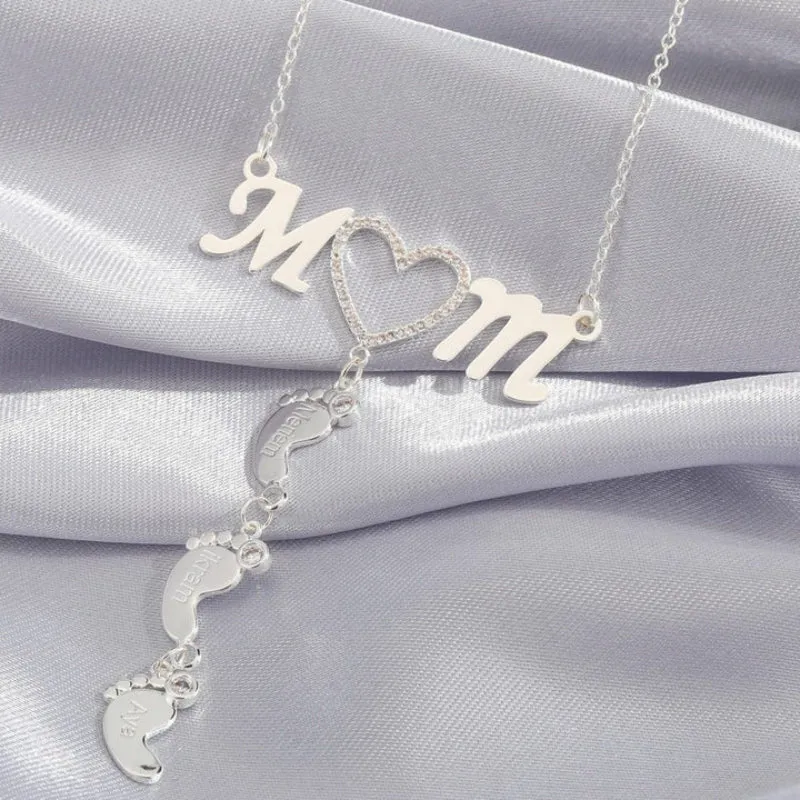 Personalized Inlay CZ Heart Mom Baby Feet Drop Pendant Necklace For Mother's Day Gift