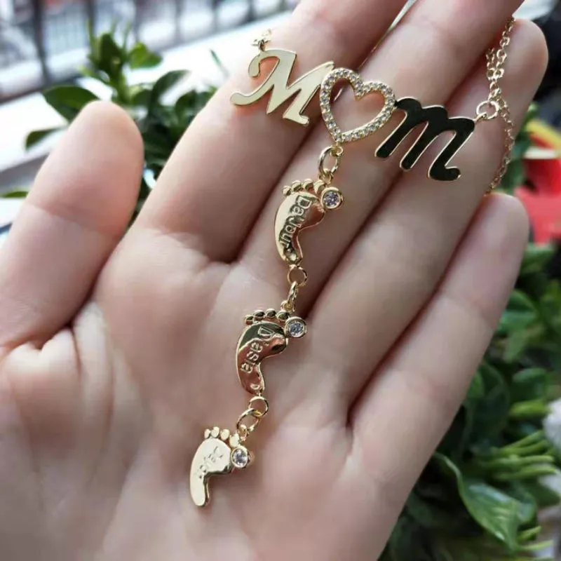 Personalized Inlay CZ Heart Mom Baby Feet Drop Pendant Necklace For Mother's Day Gift
