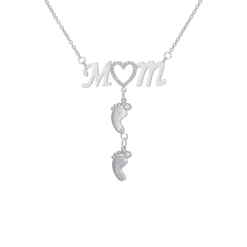 Personalized Inlay CZ Heart Mom Baby Feet Drop Pendant Necklace For Mother's Day Gift