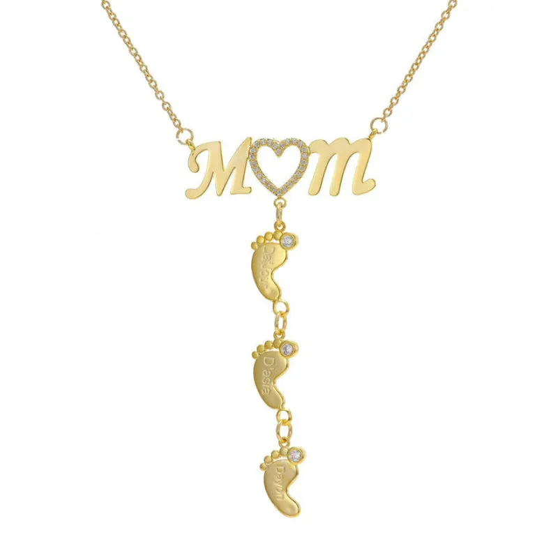 Personalized Inlay CZ Heart Mom Baby Feet Drop Pendant Necklace For Mother's Day Gift
