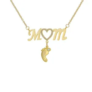 Personalized Inlay CZ Heart Mom Baby Feet Drop Pendant Necklace For Mother's Day Gift