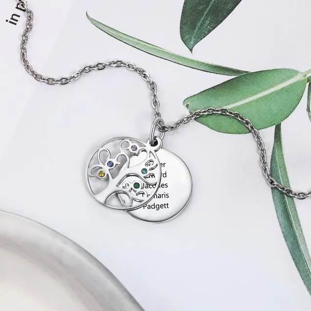 Personalized Stainless Steel Necklace - Engraved Five Custom Names & Birthstones - Family Tree Pendant