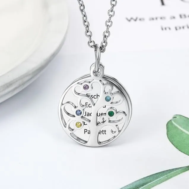 Personalized Stainless Steel Necklace - Engraved Five Custom Names & Birthstones - Family Tree Pendant