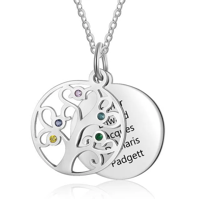 Personalized Stainless Steel Necklace - Engraved Five Custom Names & Birthstones - Family Tree Pendant